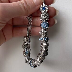 Charm Bracelet Stainless Steel Silver with Blue Rhinestones